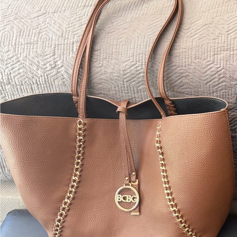 BCBG Brown Pebbled Leather Tote with Gold Chain Trim